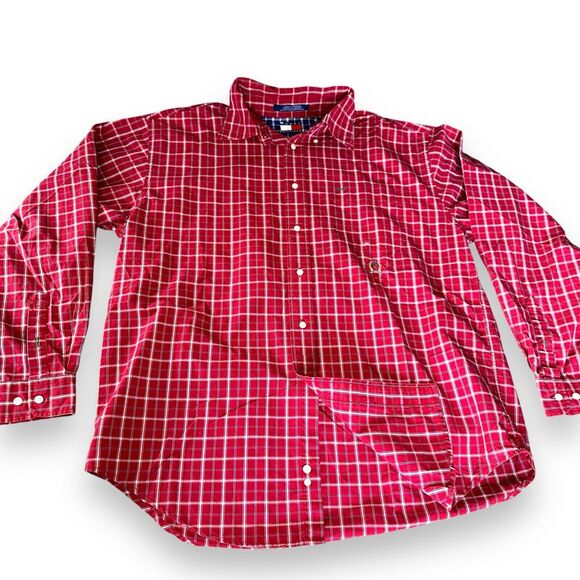 Tommy Hilfiger 90s Plaid Shirt Mens Large Red Long Sleeve Button Up Vintage - Picture 1 of 16